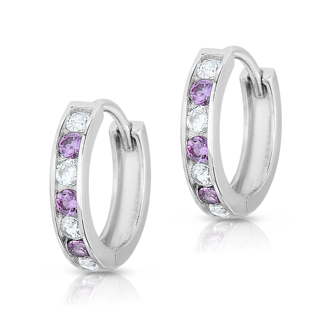 925 Sterling Silver Cubic Zirconia Birthstone Color Huggie Hoop Earrings, 13mm