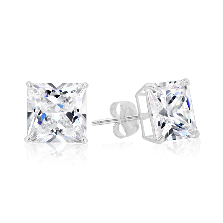 925 Sterling Silver 4 Prong Square Princess Solitaire Cubic Zirconia Studs - Pushback