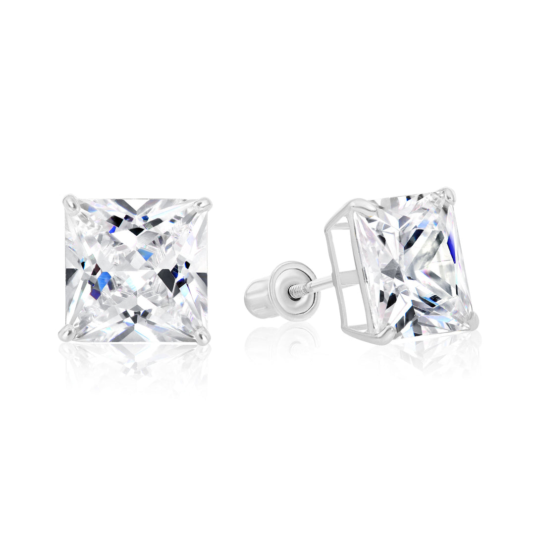 14k White Gold Cubic Zirconia Square Princess-Cut Stud Earrings, Screwback