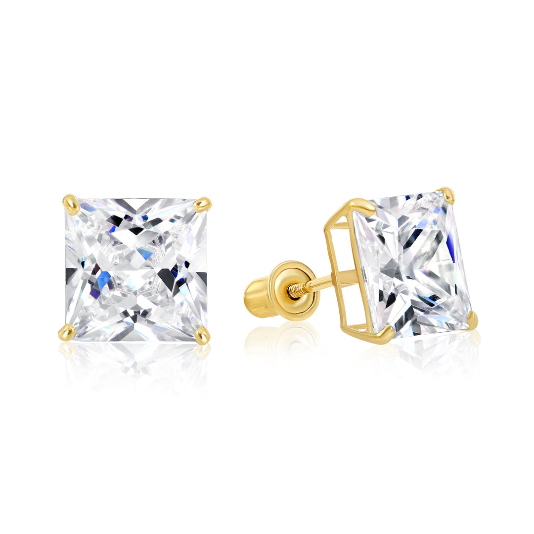 14k Yellow Gold Square Cubic Zirconia Stud Earrings - Screwback