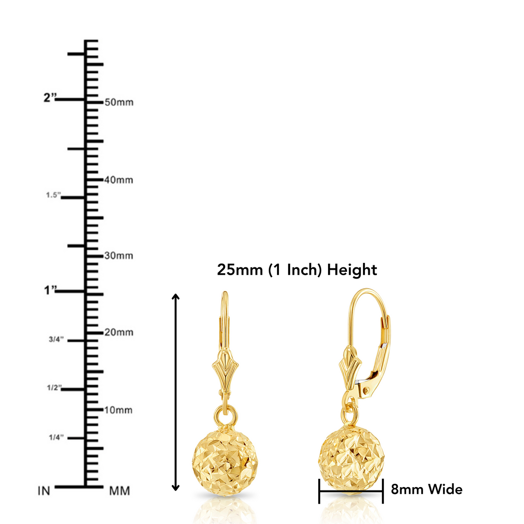 10K Solid Yellow Gold Fancy Diamond-Cut Dangle Ball Lever-back Earrings