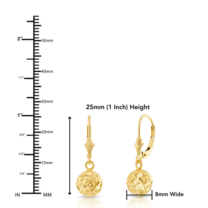 10K Solid Yellow Gold Fancy Diamond-Cut Dangle Ball Lever-back Earrings