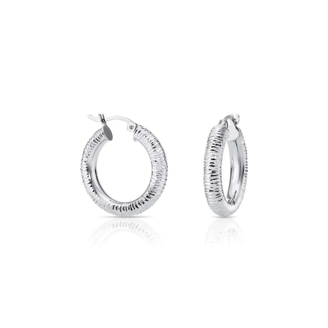 925 Sterling Silver Diamond Cut Notch Pattern Hoop Earrings