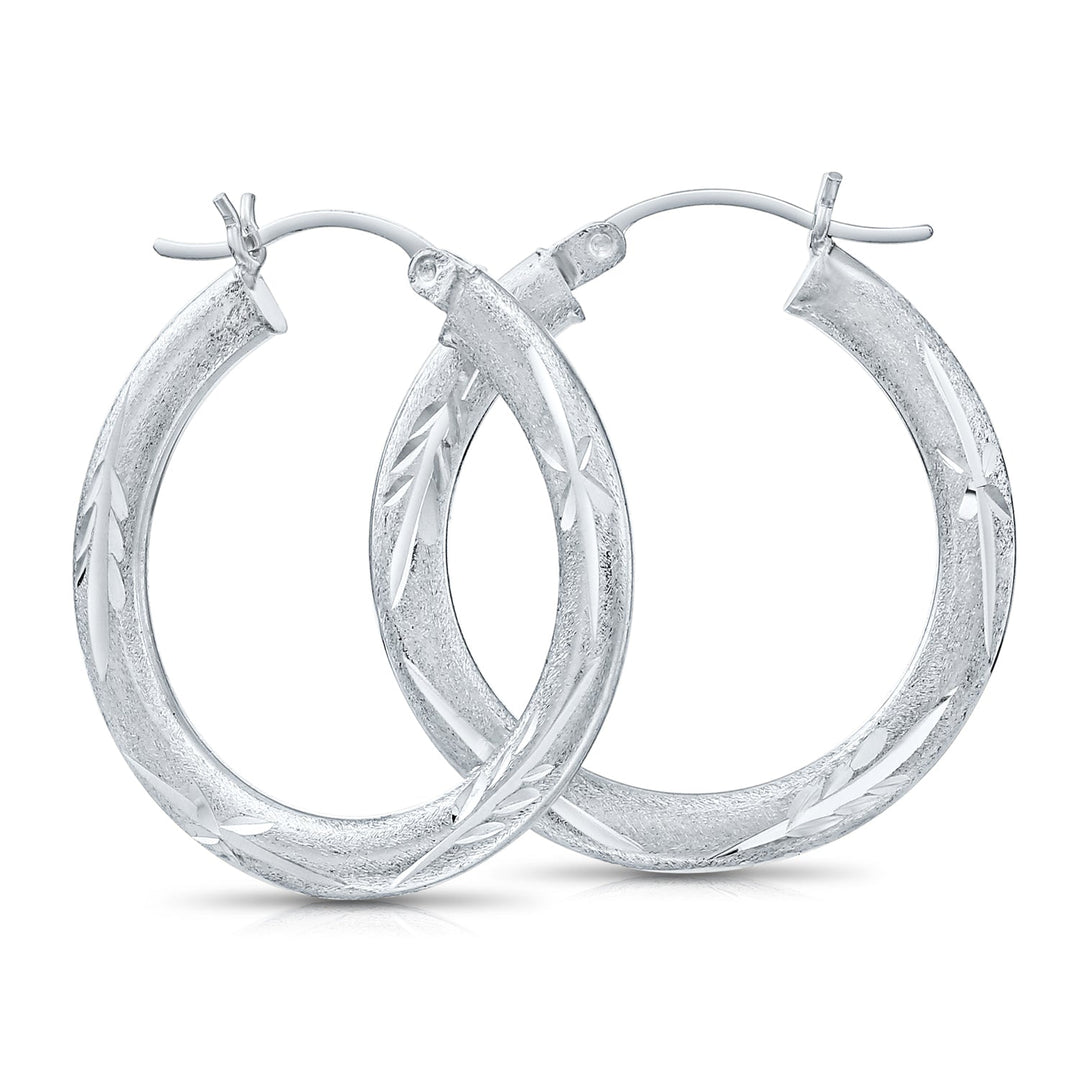 925 Sterling Silver Satin Finish Diamond Cut Hoops