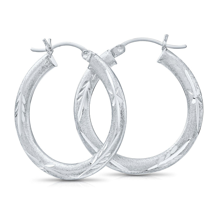 925 Sterling Silver Satin Finish Diamond Cut Hoops