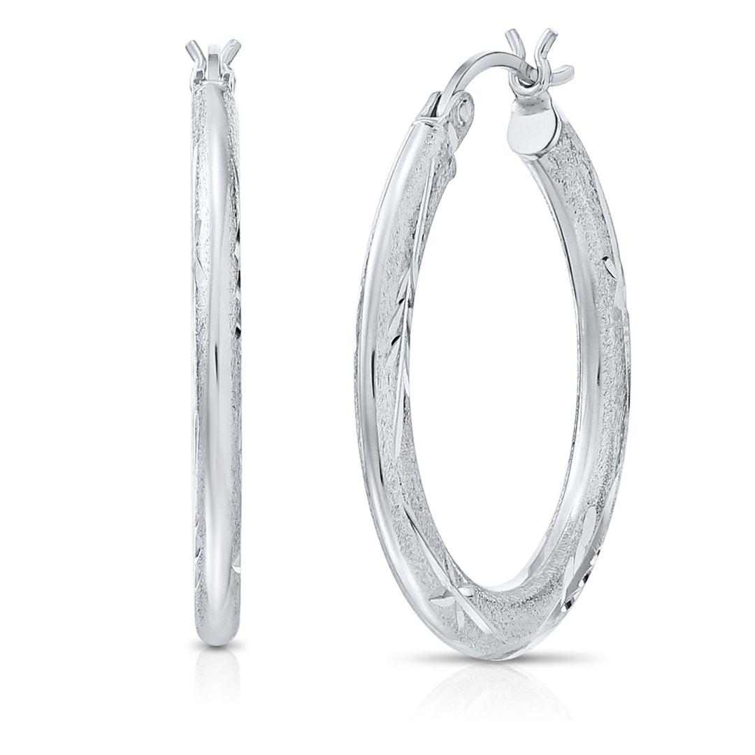 925 Sterling Silver Satin Finish Diamond Cut Hoops