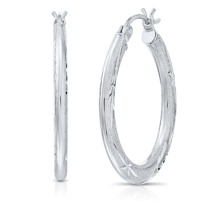 925 Sterling Silver Satin Finish Diamond Cut Hoops