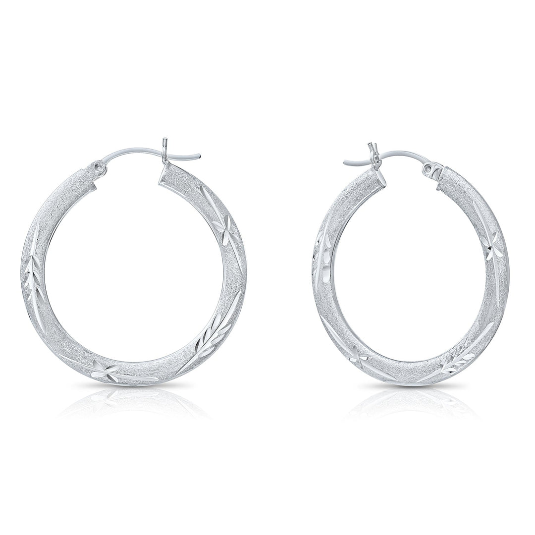 925 Sterling Silver Satin Finish Diamond Cut Hoops