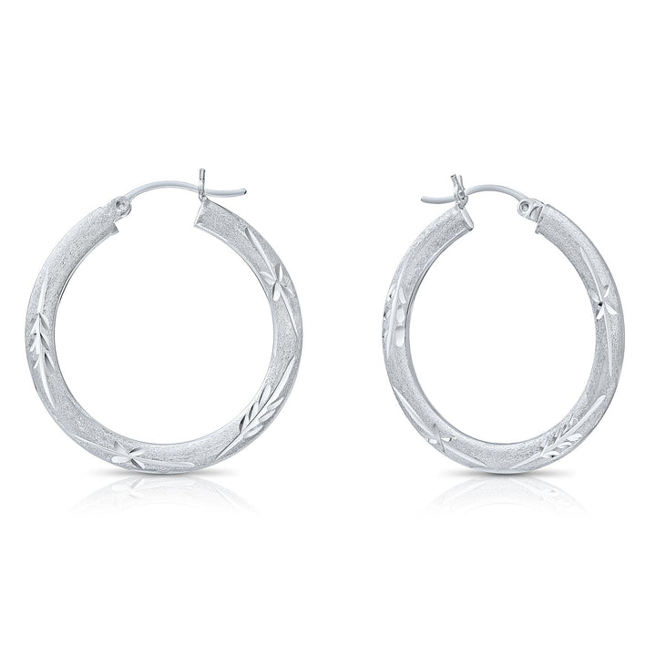 925 Sterling Silver Satin Finish Diamond Cut Hoops