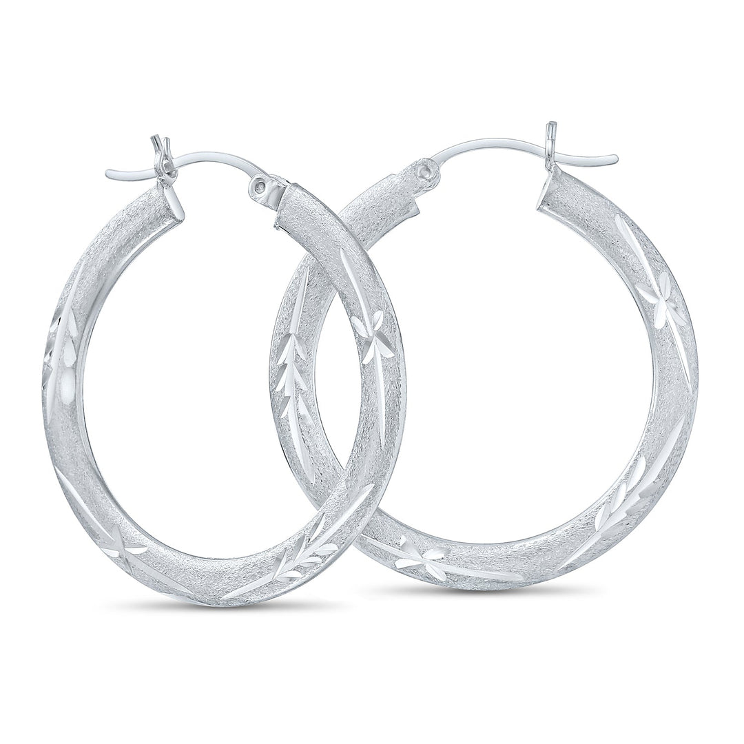 925 Sterling Silver Satin Finish Diamond Cut Hoops