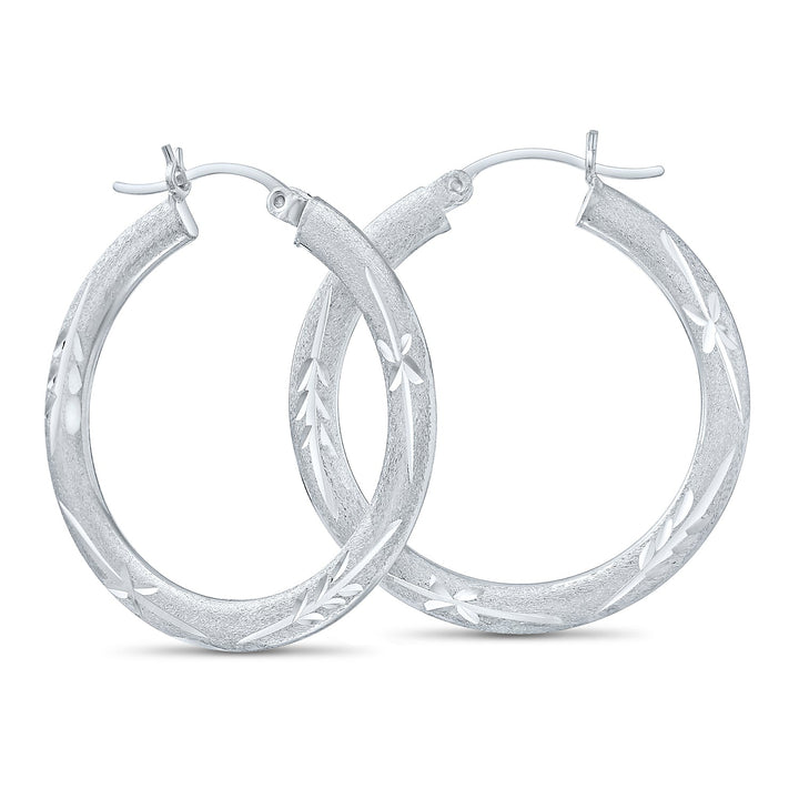 925 Sterling Silver Satin Finish Diamond Cut Hoops