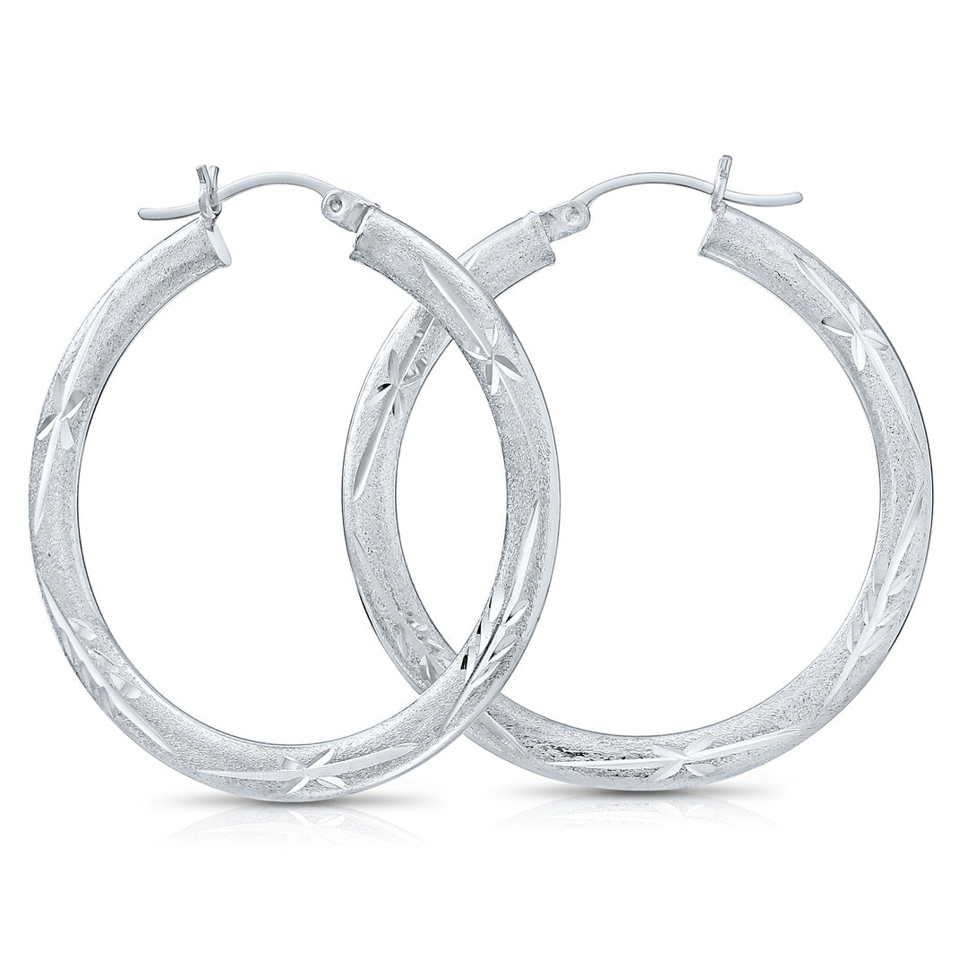 925 Sterling Silver Satin Finish Diamond Cut Hoops