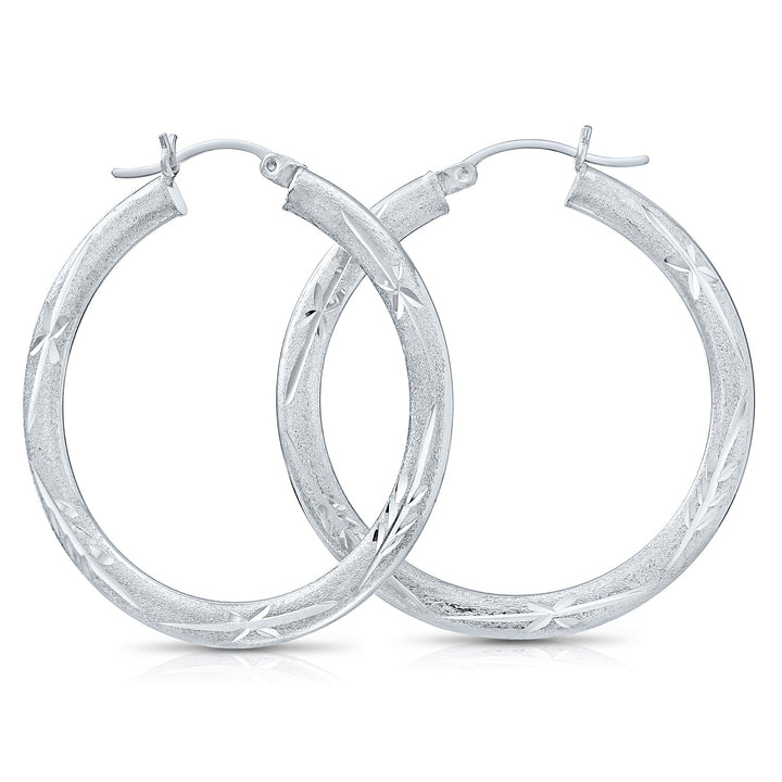 925 Sterling Silver Satin Finish Diamond Cut Hoops
