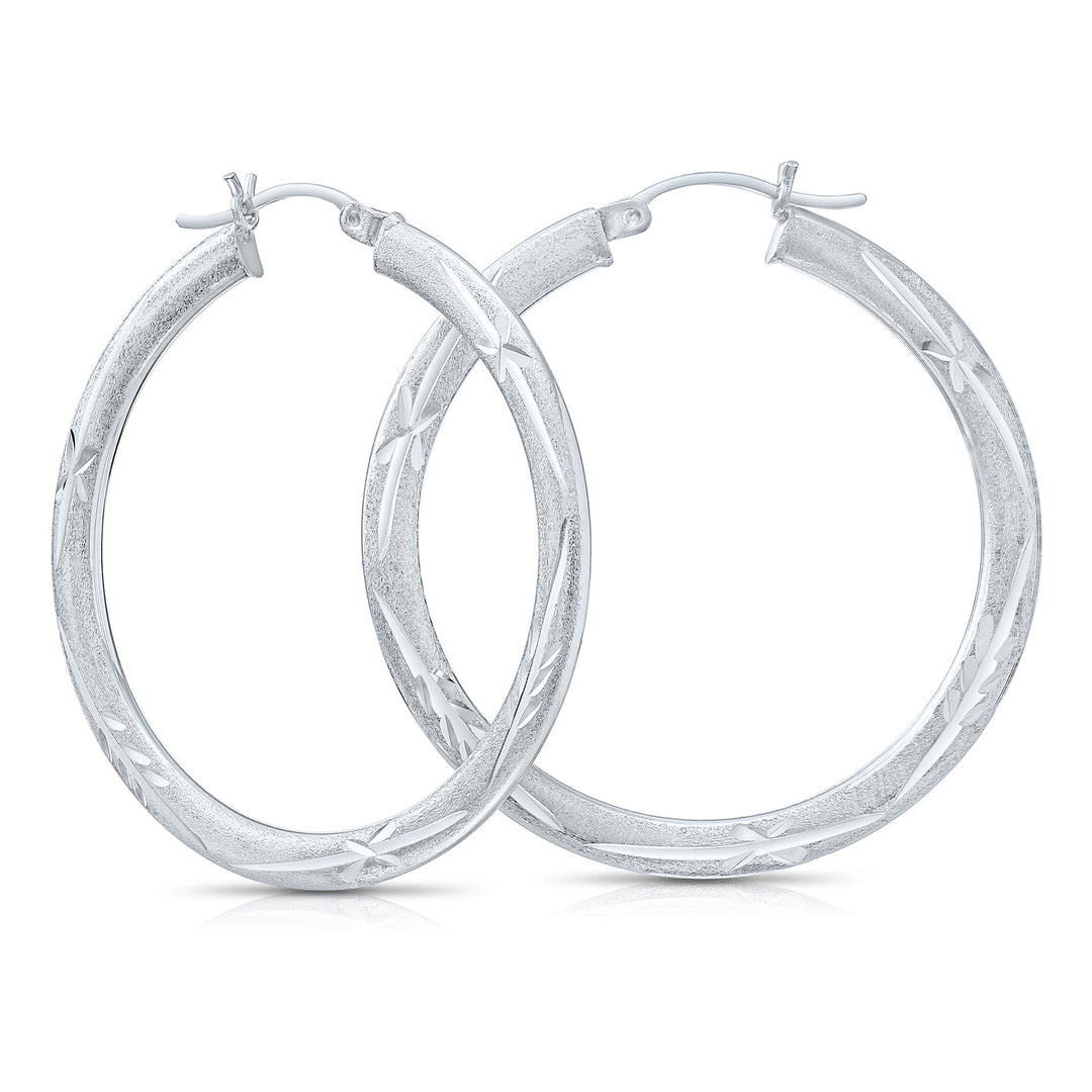 925 Sterling Silver Satin Finish Diamond Cut Hoops