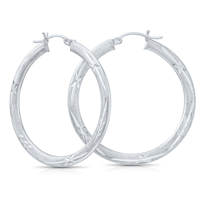 925 Sterling Silver Satin Finish Diamond Cut Hoops