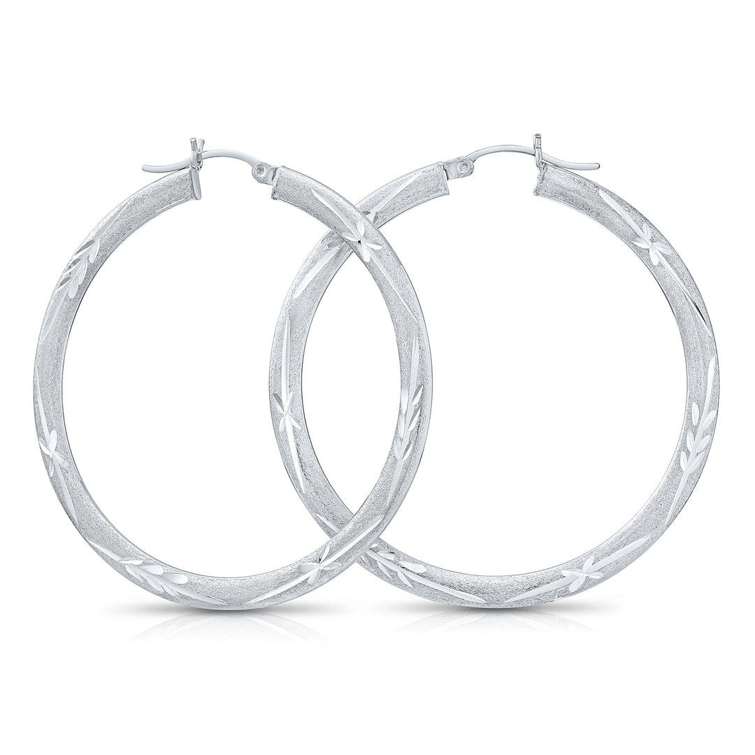 925 Sterling Silver Satin Finish Diamond Cut Hoops