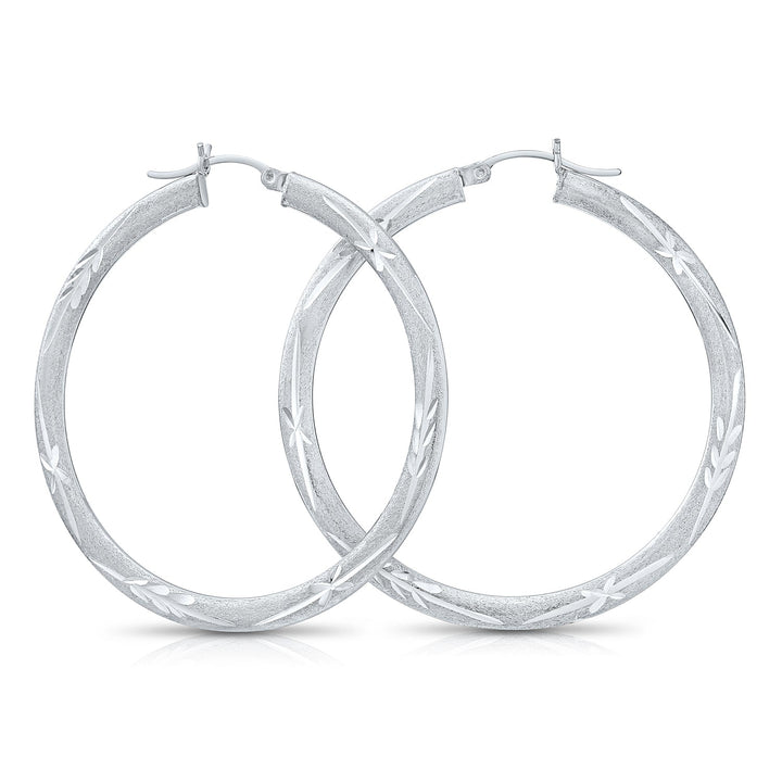 925 Sterling Silver Satin Finish Diamond Cut Hoops