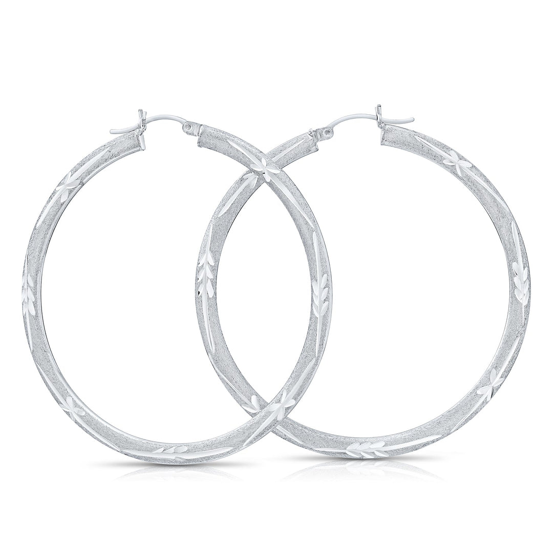 925 Sterling Silver Satin Finish Diamond Cut Hoops