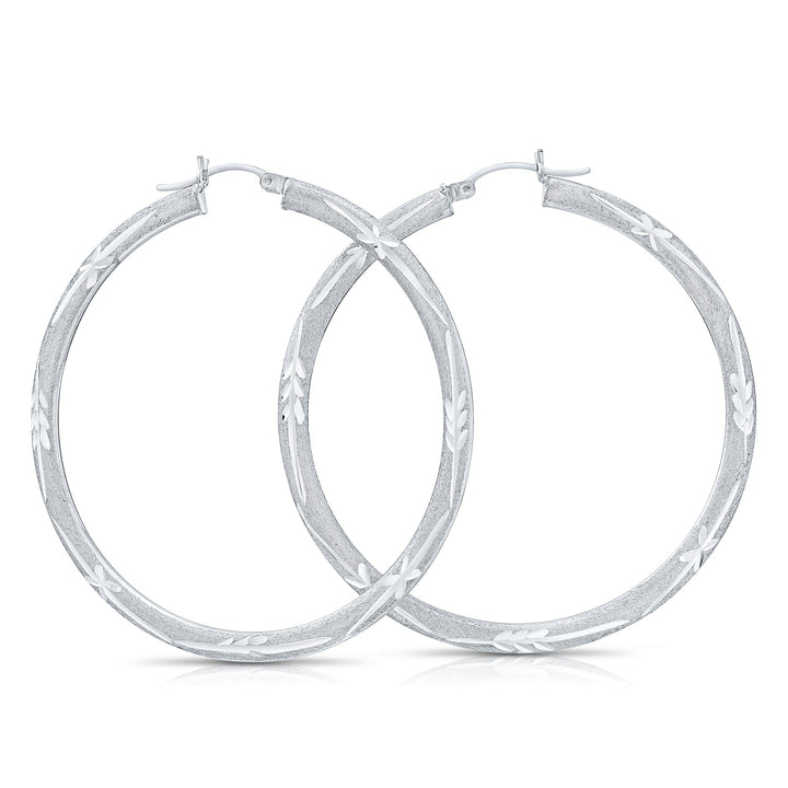 925 Sterling Silver Satin Finish Diamond Cut Hoops