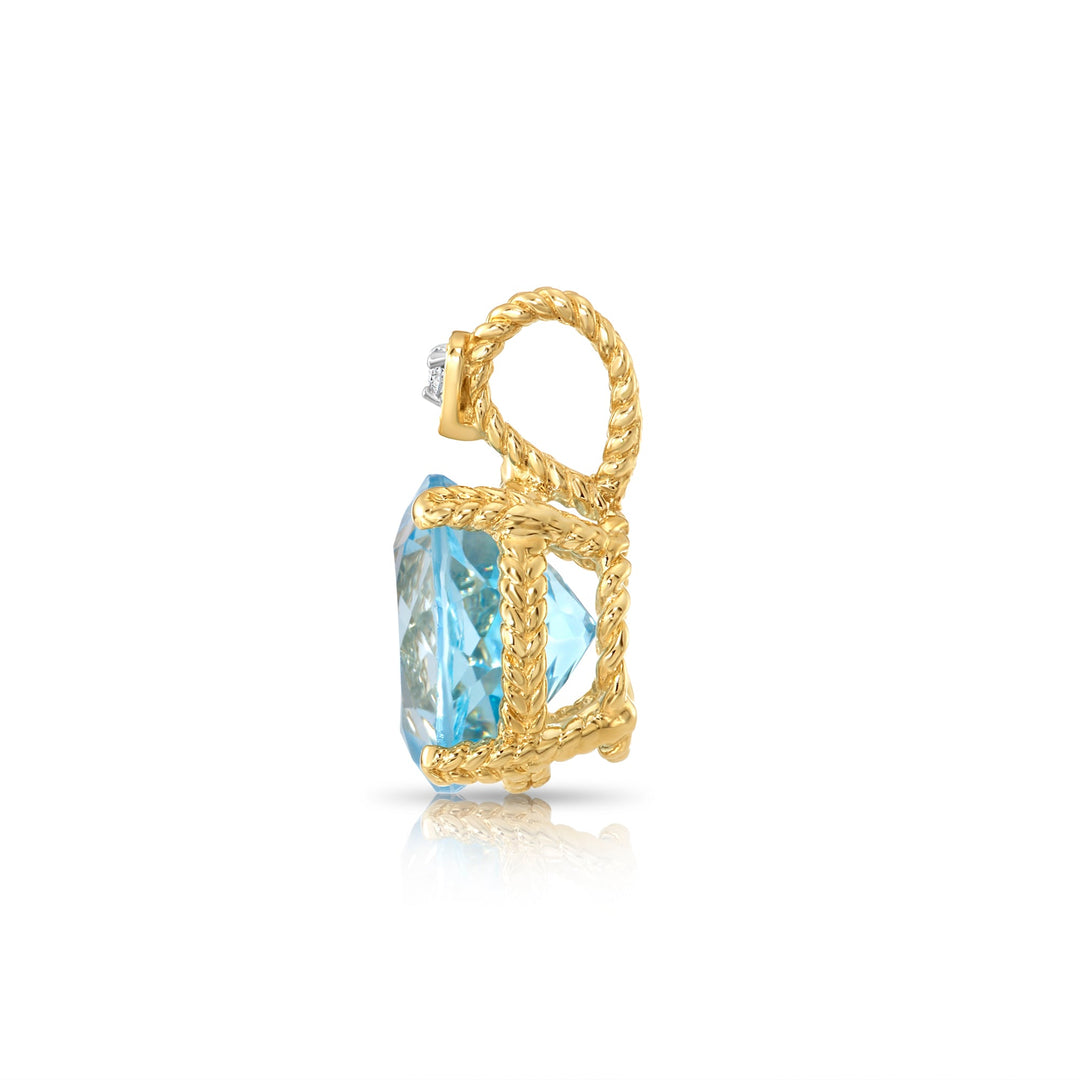 14K Yellow Gold Sky Blue Topaz Gemstone and Diamond Rope Accent Pendant