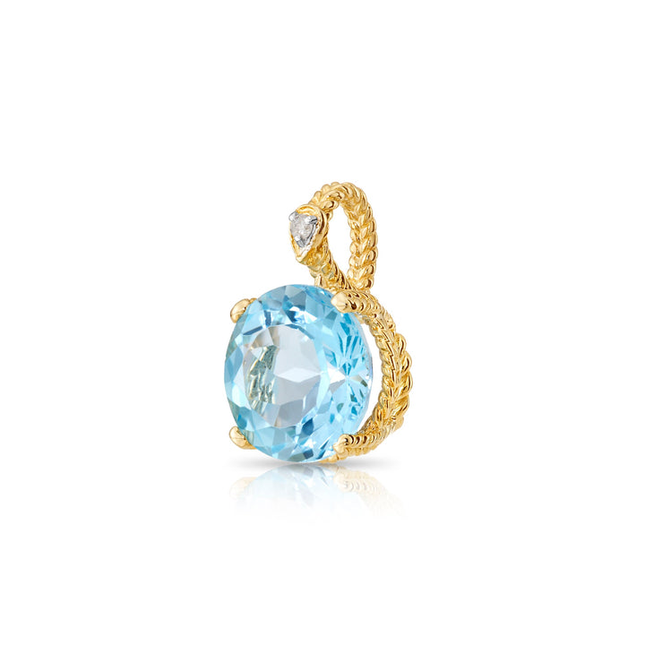 14K Yellow Gold Sky Blue Topaz Gemstone and Diamond Rope Accent Pendant