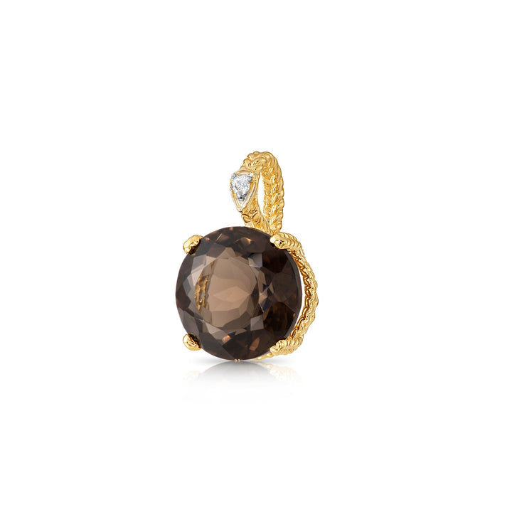 14K Yellow Gold Smoky Quartz Gemstone and Diamond Rope Accent Pendant
