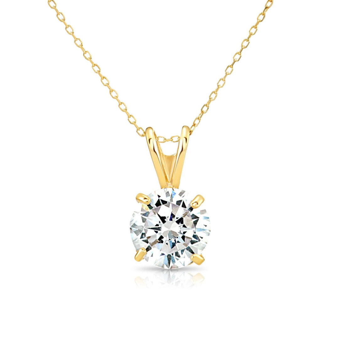 14K Yellow Gold Cubic Zirconia Solitaire 4 Prong Round Pendant Necklace