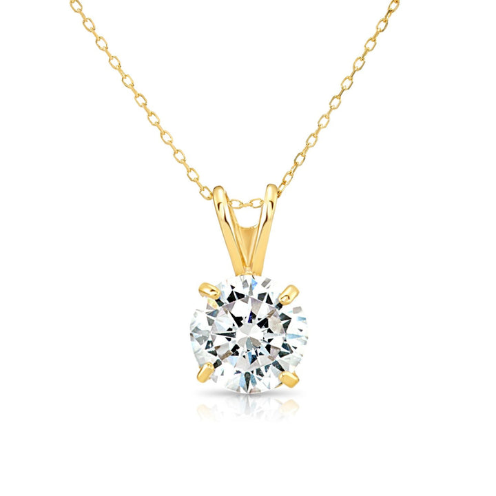 14K Yellow Gold Cubic Zirconia Solitaire 4 Prong Round Pendant Necklace