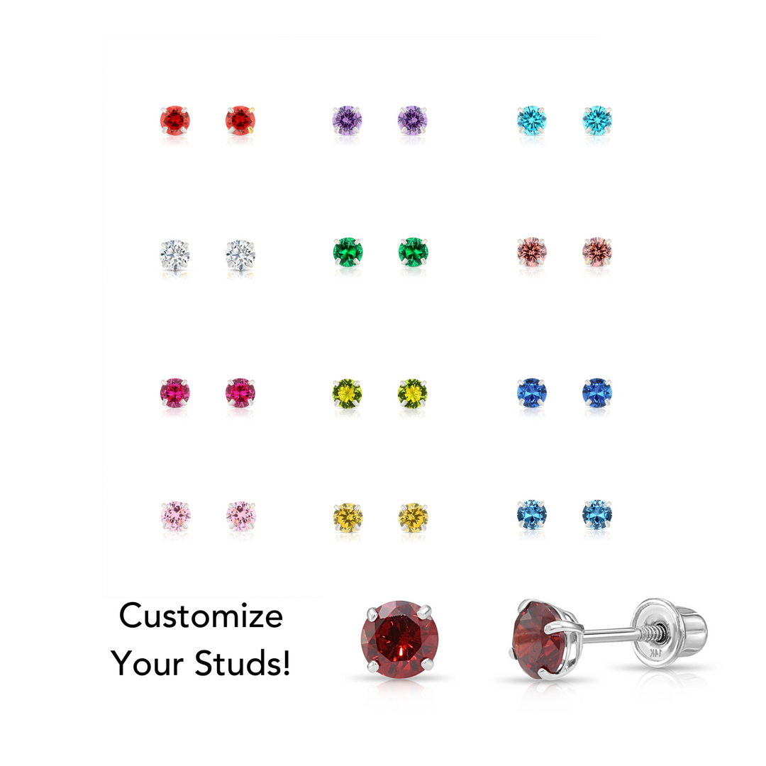 14k Solid White Gold Round Birthstone Cubic Zirconia Stud Earrings - SCREWBACK - 4MM