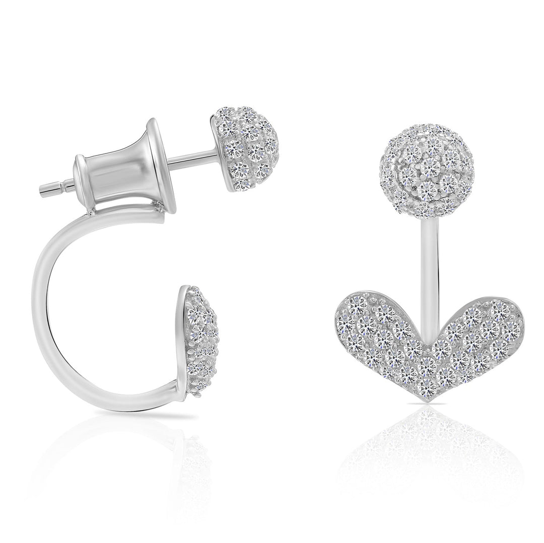 925 Sterling Silver Heart Cubic Zirconia Front-Back Stud and Ear Jacket Drop Earring Set
