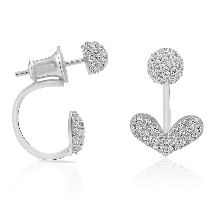 925 Sterling Silver Heart Cubic Zirconia Front-Back Stud and Ear Jacket Drop Earring Set