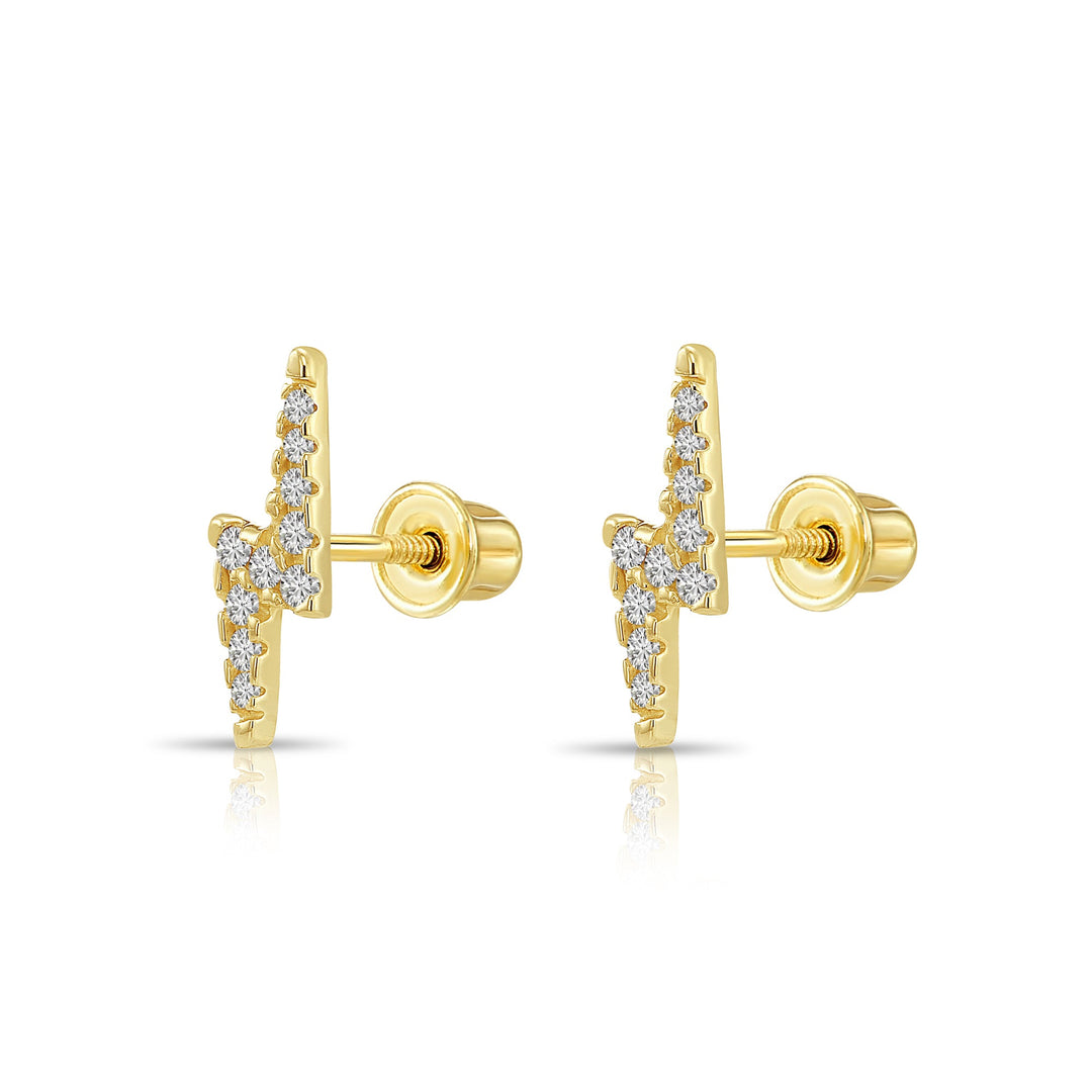 14k Yellow Gold Cubic Zirconia Lightning Bolt Stud Earrings, Screwback
