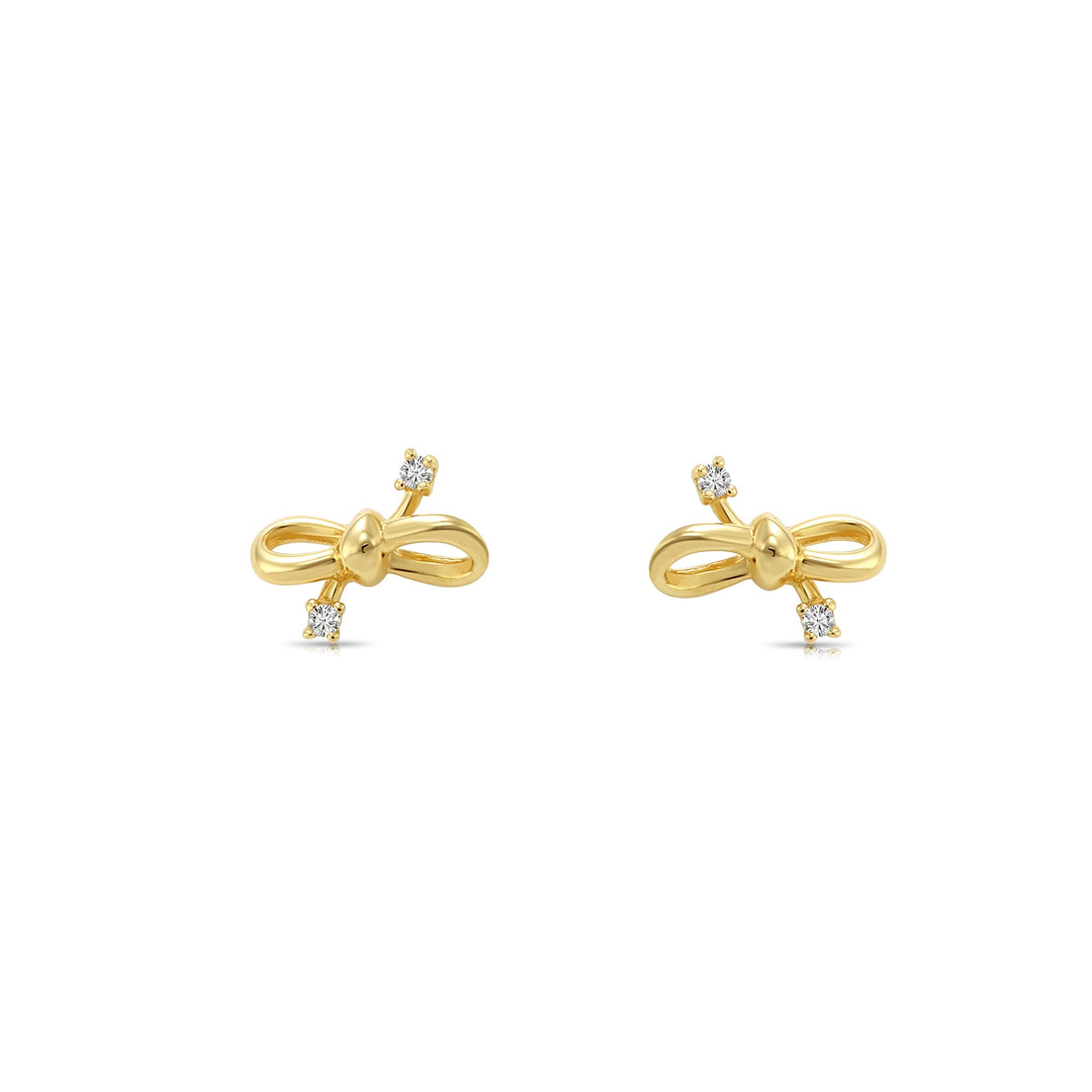 14k Yellow Gold Bow Knot with Cubic Zirconia Stud Earrings - Screwbacks