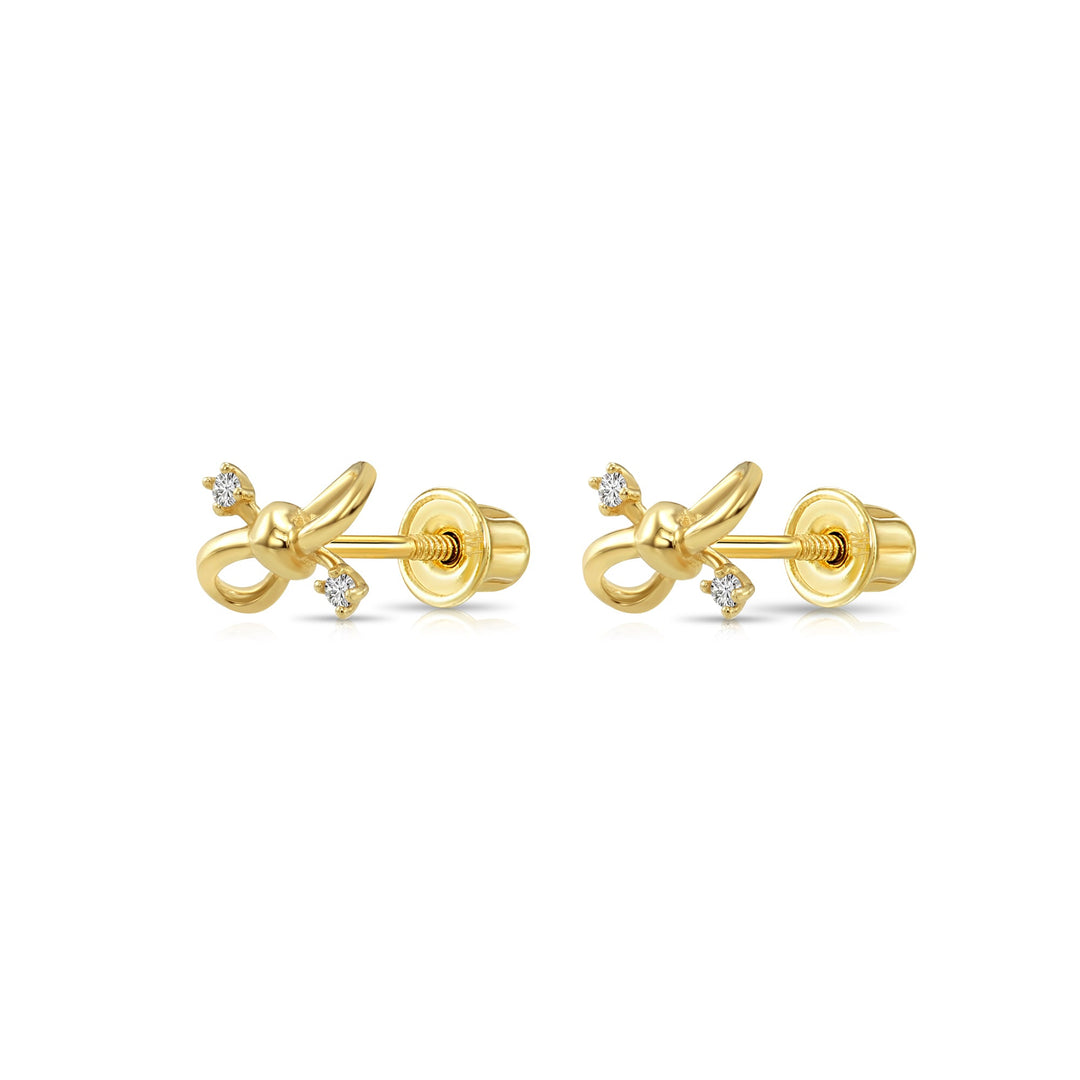 14k Yellow Gold Bow Knot with Cubic Zirconia Stud Earrings - Screwbacks