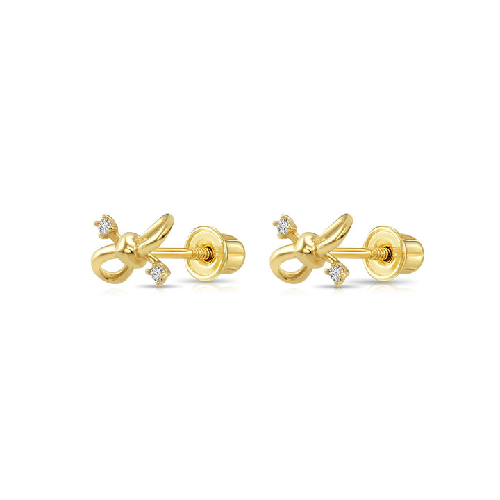 14k Yellow Gold Bow Knot with Cubic Zirconia Stud Earrings - Screwbacks