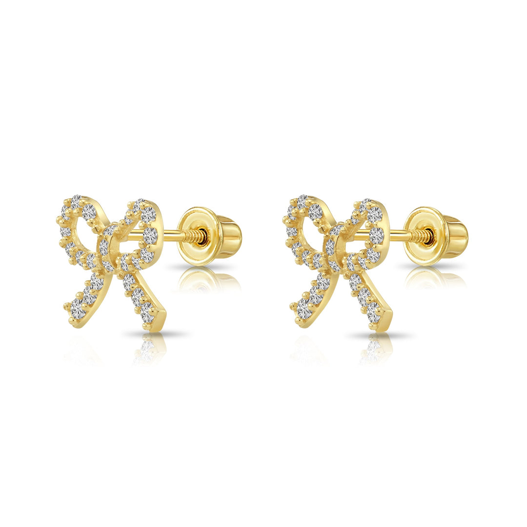 14k Yellow Gold Ribbon with Cubic Zirconia Stud Earrings - Screwbacks