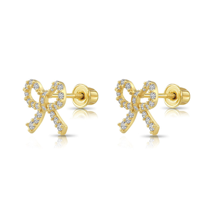 14k Yellow Gold Ribbon with Cubic Zirconia Stud Earrings - Screwbacks