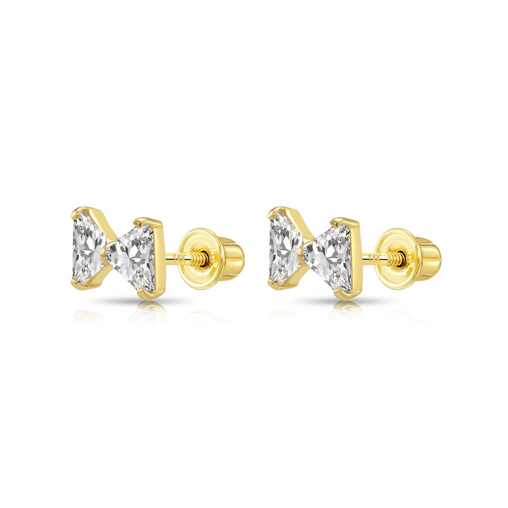 14k Yellow Gold Cubic Zirconia Bow-Tie with Triangle Stud Earrings, Screwback