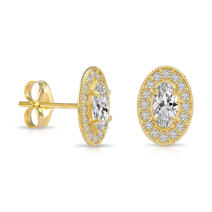 14k Yellow Gold Cubic Zirconia Oval Halo Stud Earrings, Pushback