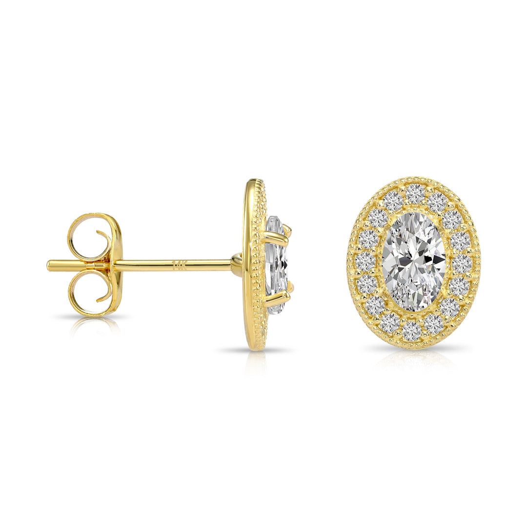 14k Yellow Gold Cubic Zirconia Oval Halo Stud Earrings, Pushback