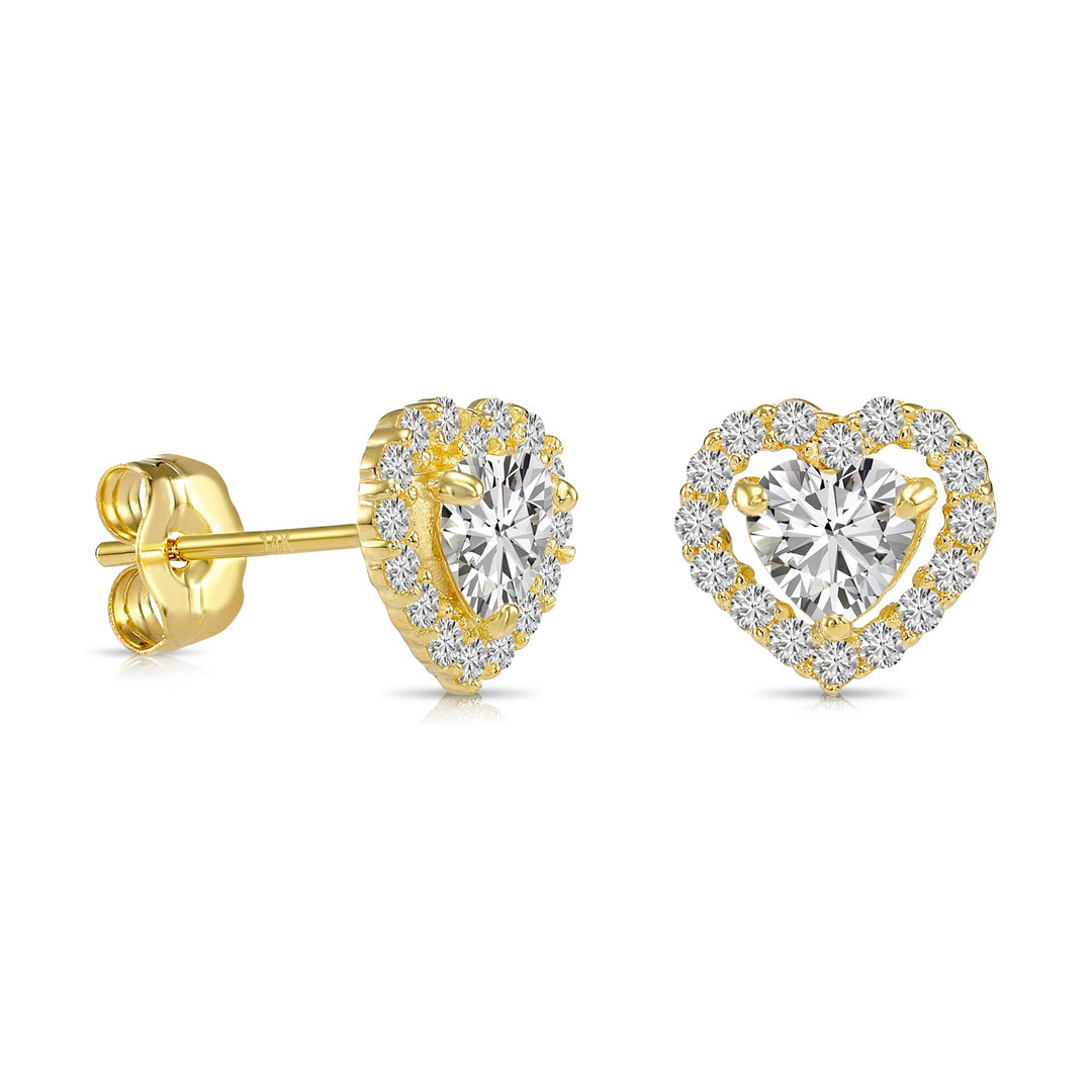 14k Yellow Gold Cubic Zirconia Heart Halo Stud Earrings - Pushback - E052463