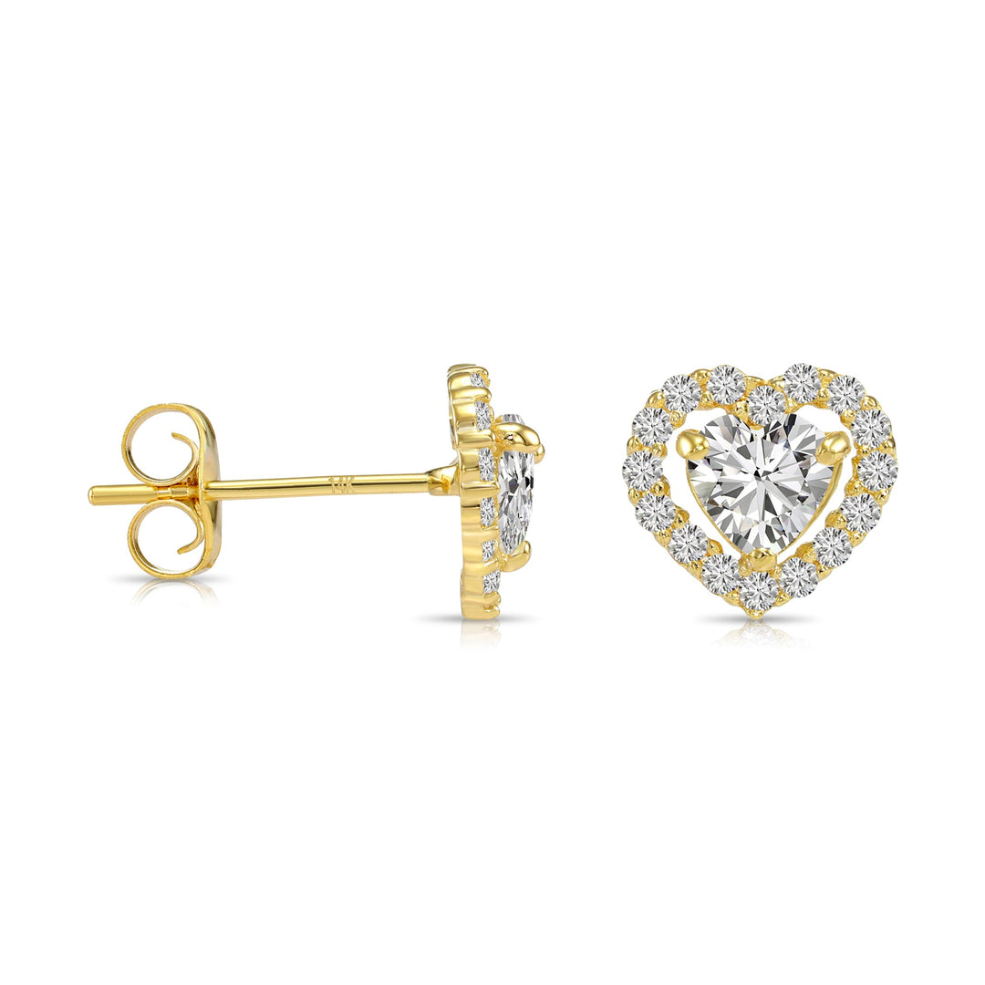 14k Yellow Gold Cubic Zirconia Halo Heart Stud Earrings, Pushback