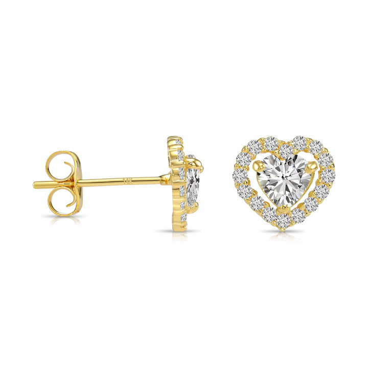 14k Yellow Gold Cubic Zirconia Halo Heart Stud Earrings, Pushback
