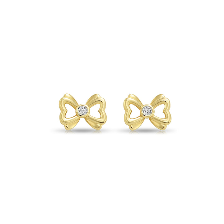 14k Yellow Gold Cubic Zirconia Heart Bow Stud Earrings, Screwback