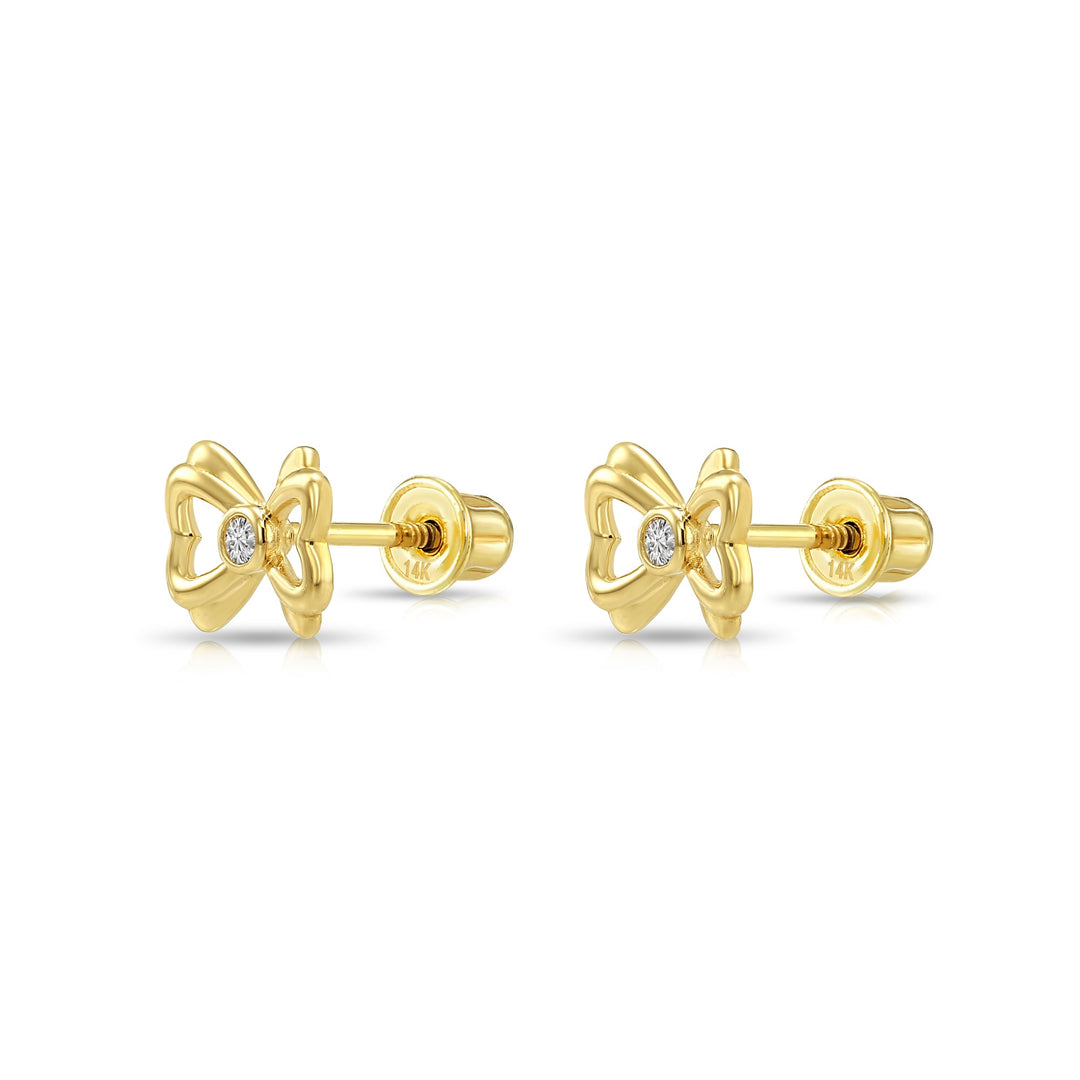 14k Yellow Gold Cubic Zirconia Heart Bow Stud Earrings, Screwback