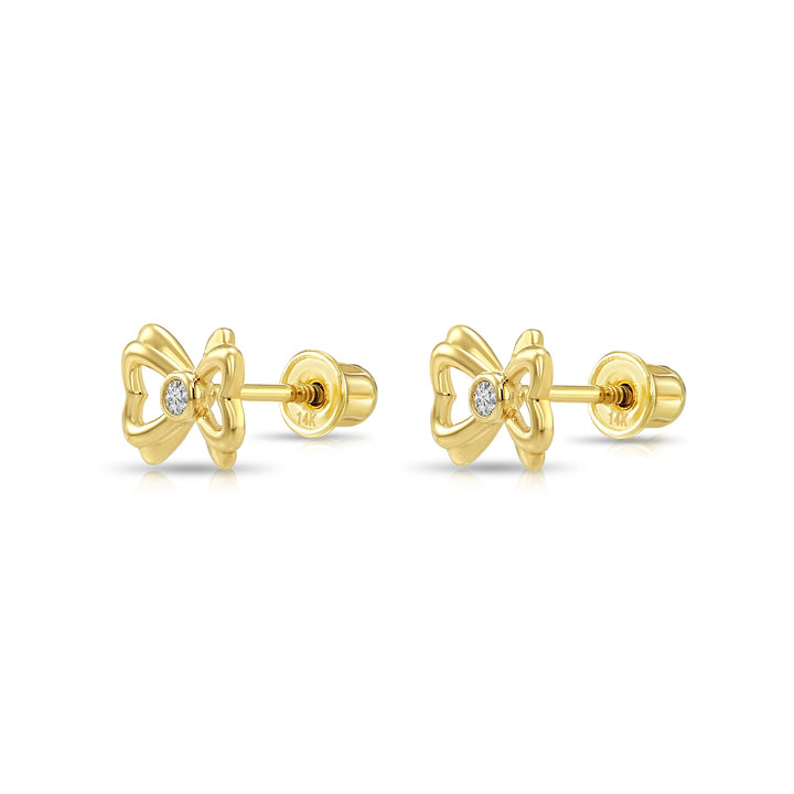 14k Yellow Gold Cubic Zirconia Heart Bow Stud Earrings, Screwback