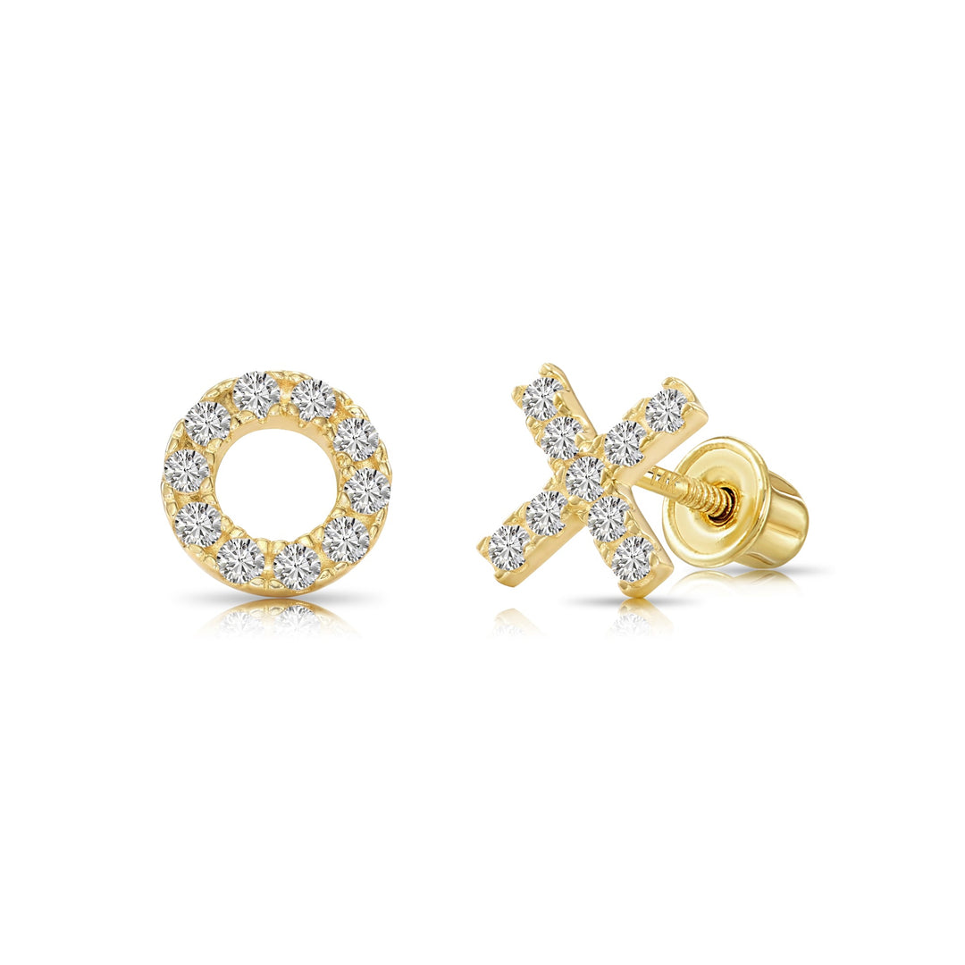 14k Yellow Gold Cubic Zirconia XO Stud Earrings, Screwback