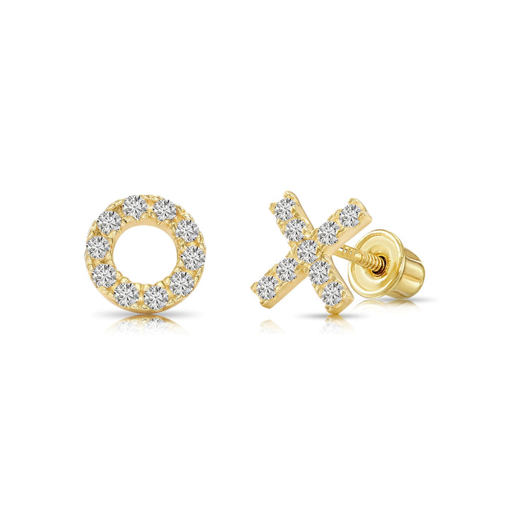 14k Yellow Gold Cubic Zirconia XO Stud Earrings, Screwback
