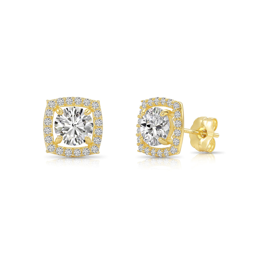 14k Yellow Gold Cubic Zirconia Cushion Halo with Round Center Stone Stud Earrings, Pushback