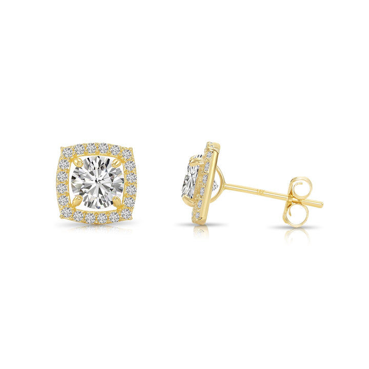 14k Yellow Gold Cubic Zirconia Cushion Halo with Round Center Stone Stud Earrings, Pushback